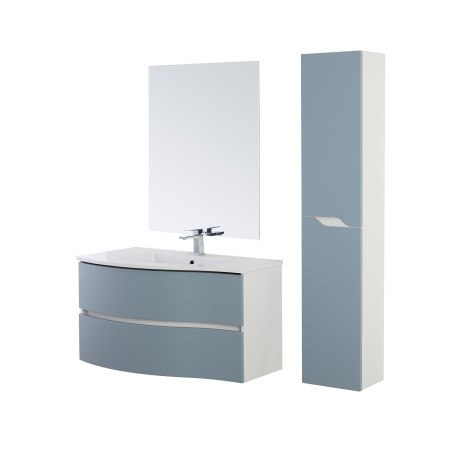 1 - COMP. BAGNO 90CM CURVO AD ONDA 2CASS+LAV+SPECCHIO AZZURRO POLVERE