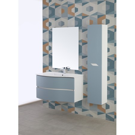 1 - COMP. BAGNO 90CM CURVO AD ONDA 2CASS+LAV+SPECCHIO AZZURRO POLVERE