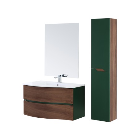 1 - COMP. BAGNO 90CM CURVO AD ONDA 2CASS+LAV+SPECCHIO NOCE CANALETTO