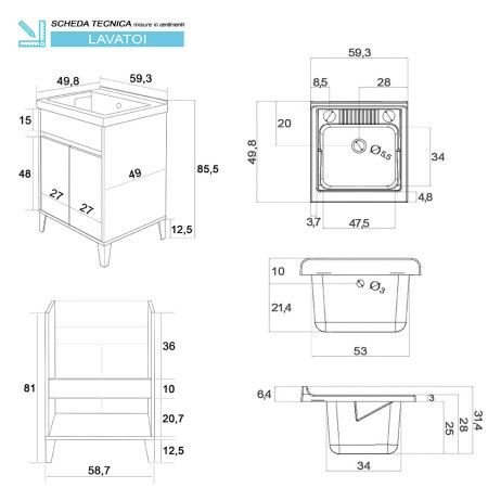 2 - Mobile lavatoio Mondo 2.0 L60xH84 in nobilitato melaminico bianco laccato