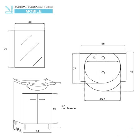 2 - Composizioni bagno Stella 55cm in nobilitato melaminico bianco lucido