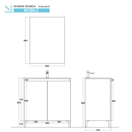 2 - Composizione bagno Revital 80cm in nobilitato melaminico rovere di bordeaux