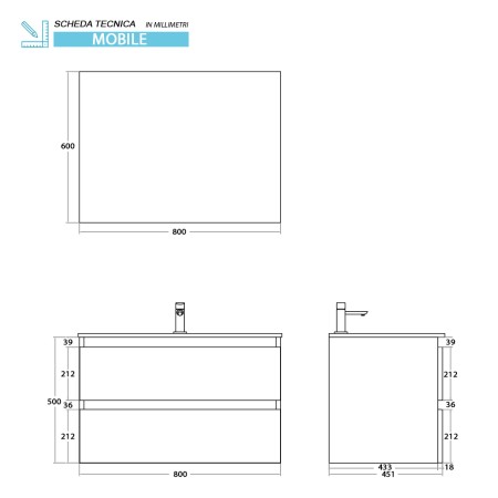 5 - MOBILE SOSPESO 2 CASS 80 CM CANALETTO VASCA A FILO  LINEA REVITAL