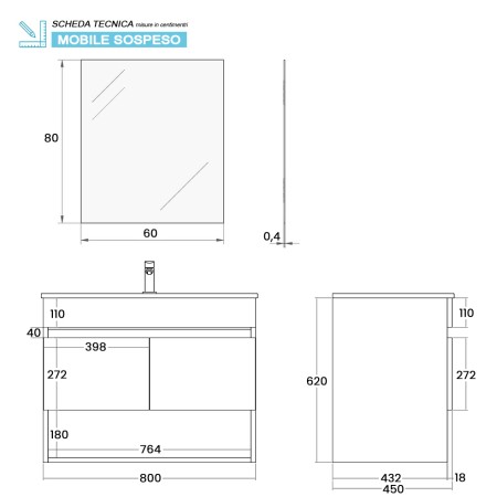 2 - Composizione bagno sospesa 80cm Revital con vano a giorno noce canaletto