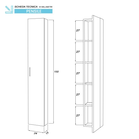 2 - Pensile con anta Greta L24xH150cm in nobilitato melaminico rovere di tropea