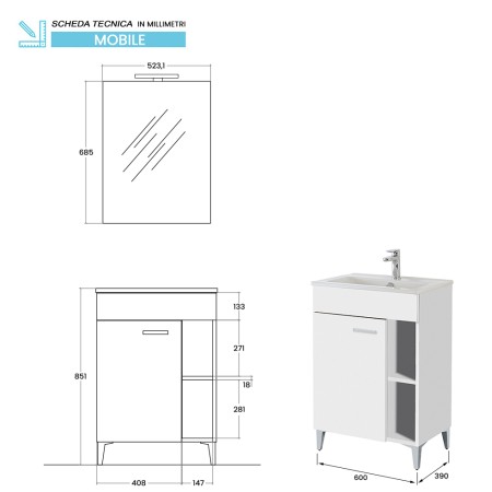 2 - Composizione bagno da terra Greta 60cm in nobilitato melaminico bianco lucido